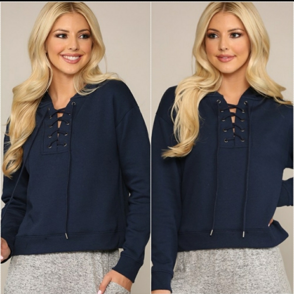 🔥Navy Super Cute Trendy lace up semi cropped hooded sweatshirt